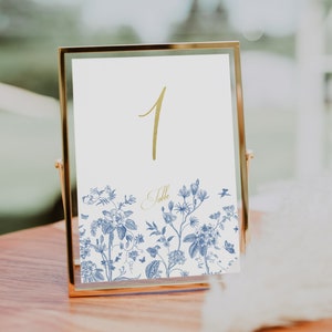 Dusty blue flower Gold Table number template steel blue floral gold Wedding table number blue botanical table number Printable Table vintage