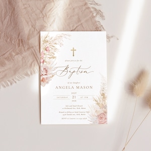 Modèle d'invitation de baptême herbe de la pampa blush faire-part de baptême faire-part de baptême floral rose bohème invitation baptême croix d'or