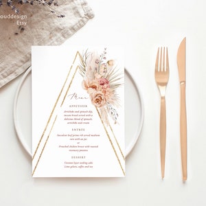 Modelo de menu de casamento laranja ferrugem Menu laranja empoeirado para impressão Ouro boho Menu editável Baixar Rust terracota Cartões de menu de jantar Paula