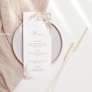 Modèle de Menu de mariage BOHO rose poudré floral Menu de mariage floral rose bohème Menu imprimable herbe des pampas Menu modifiable pour le dîner instantané Pamblush