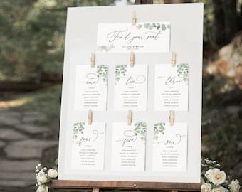 Soft Greenery  Table Seating Chart Card Template,Eucalyptus Seating chart printable Cards, green garden Table Seating Cards, Elegant Seating