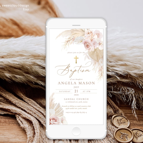 BOHO Blush baptism digital Invitation pampas grass pink rose baptism phone invite Template Electronic baptism text invite Phone Invite