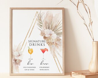 Boho Signature Drink Sign Template Pampas grass Signature cocktail Sign menu His and Hers Drink Bar Sign cocktail image Bar sign Drinks