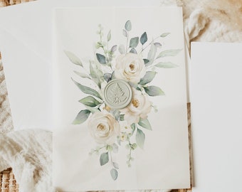 white rose Vellum Wrap Greenery Vellum Wrap template white floral Vellum Jacket template green leaf Vellum invite wrap white flower vellum