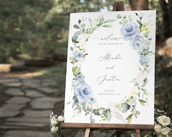 dusty blue floral Welcome Wedding Sign Template blue White floral Wedding Sign Printable Welcome Greenery  sign wreath Welcome Sign template