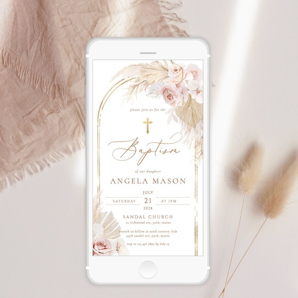 BOHO Blush baptism digital Invitation pampas grass pink rose baptism phone invite Template Electronic baptism text invite Phone Invite