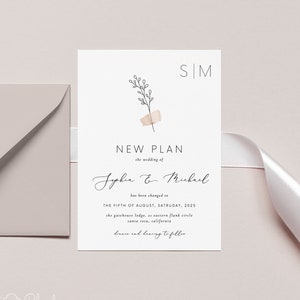 May include: A wedding announcement card with a simple floral design and the text "NEW PLAN" and "the wedding of Sophia & Michael has been changed to THE FIFTH OF AUGUST, SATURDAY, 2025 the gatehouse lodge, 25 castern flank circle santa rosa, california  save the date to follow"