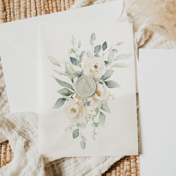 white rose Vellum Wrap Greenery Vellum Wrap template white floral Vellum Jacket template green leaf Vellum invite wrap white flower vellum