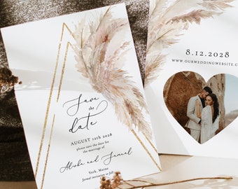 Pampas grass Save The Date boho grass invitation Bohemian Save the date Template Editable Engagement Save the Date Gold Arch grass card