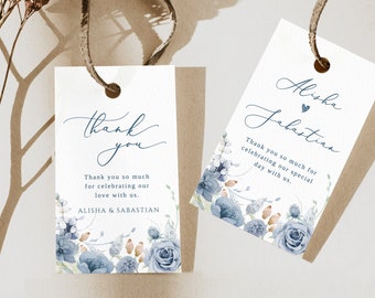 DUSTY BLUE Floral Favor Bag Tag Steel blue Printable thank you Tag wedding thank you Tag Template Editable thank you Tag Berry