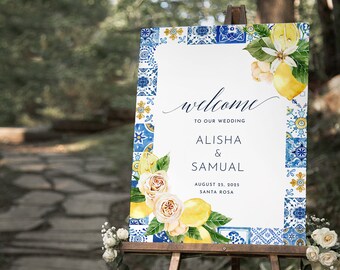 Blue tile and Lemon wedding Welcome Sign peach Rose and lemon wedding welcome poster Template Mediterranean welcome Sign Printable MEARL