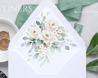 white rose Envelope Liner Template Green leaves Envelope Liner White floral Envelope Liner greenery Printable liner A7 C5 C6 A6 A9 A1
