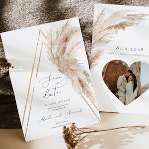 Pampas grass Save The Date boho grass invitation Bohemian Save the date Template Editable Engagement Save the Date Gold Arch grass card