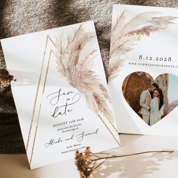 Pampas grass Save The Date boho grass invitation Bohemian Save the date Template Editable Engagement Save the Date Gold Arch grass card
