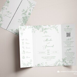 Faire-part de mariage gatefold vert sauge Faire-part de mariage fleurs vert poussiéreux faire-part gatefold vintage fleur vert émeraude