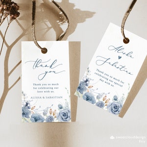 DUSTY BLUE Floral Favor Bag Tag Steel blue Printable thank you Tag wedding thank you Tag Template Editable thank you Tag Berry