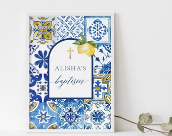 lemon and blue tile custom table sign Template Mediterranean tile baptism table sign Italy blue tile sign citrus part sign christening sign
