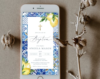 blue tile Lemon baptism digital Invitation Lemon baptism phone invite blue tile Electronic baptism Italy Blue Tile text invite Phone Invite