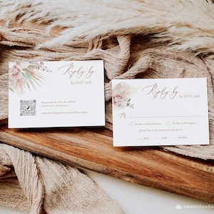 Boho rosa RSVP tarjeta playa eucalipto responder plantilla de tarjeta de código QR Pampas hierba recinto tarjeta Palm Leaf RSVP editable Boho rubor floral