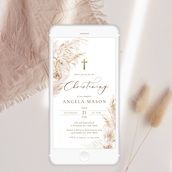 BOHO rose Christening digital Invitation pampas grass Rose Christening phone invite Template Electronic Christening invite beige grass text