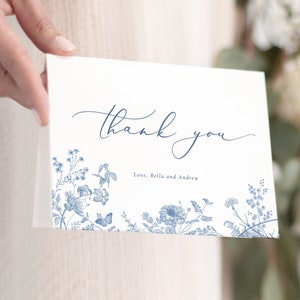 Tarjeta de agradecimiento floral azul polvoriento bautismo floral azul vintage Plantilla de tarjeta de agradecimiento acero azul gracias bautizo gracias flor azul