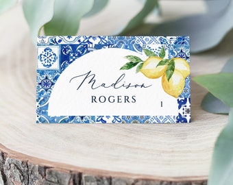 Lemon and Blue tile Place Cards Template Lemon and tile arch table name card Editable Place Card  table name tented card flat card Mearla