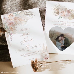 Boho rose convite de casamento praia eucalipto convite de casamento pampas convite folha de palmeira boho blush cartão de casamento floral