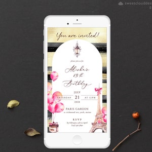 Paris birthday card digital black pink french birthday card Eiffel Tower mobile card pink french text birthday card digital electronic party