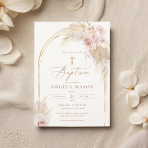 Boho Baptism invitation Gold cross baptism invitation template Gold arch baptism Invitation Girl Blush Boho floral Printable  baptism