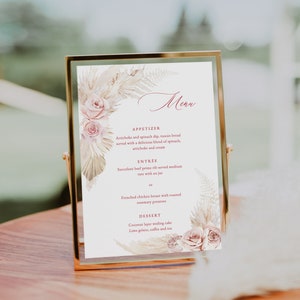 Modèle de menu pour le dîner BOHO rose poudré, menu de mariage floral rose bohème, menu imprimable herbe des pampas, menu modifiable pour le dîner instantané bohopink