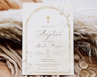 May include: A baptism invitation with a gold arch and floral accents. The invitation reads "Please join us for the Baptism of our daughter Alisha Mason, Saturday, July 21, 2028 at 1 PM. Salt and Sand Church, 21 Richmond Ave, York, Maine. Branch to follow at Sand Country Club, 4578 Sandal Ave, York, Maine. RSVP to Lauren 111-234-5678."