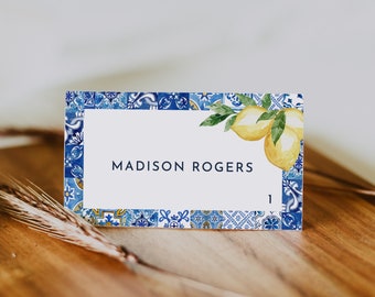 Lemon and Blue tile Place Cards Template Lemon and tile table name card Editable Place Card  table name tented card flat card Mearl