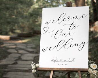 Welcome to our Wedding Sign Template, Heart Script Wedding welcome Sign, Reception Sign Editable,Editable welcome poster sign printable Kari