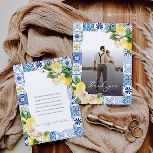 Piastrella blu limone Foto biglietto di ringraziamento Piastrella blu Positano modello di ringraziamento matrimonio piastrelle blu Italia Addio al nubilato stampabile grazie Mearl