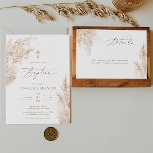 Pampasgras Taufe Einladung Vorlage Detailkarte Gold Kreuz Boho Pampas Taufe Invites Printable Taufe Invite Gold Kreuz Taufe