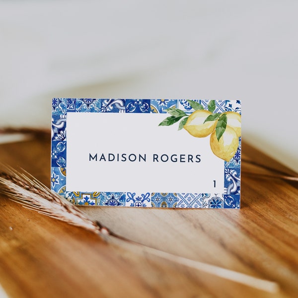 Lemon and Blue tile Place Cards Template Lemon and tile table name card Editable Place Card  table name tented card flat card Mearl