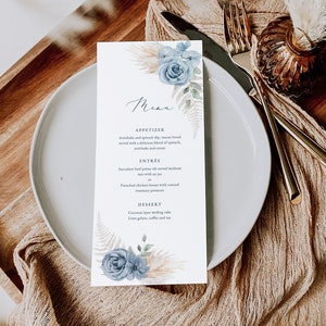 Staubblau Hochzeit Menü Vorlage Stahlblaues Menü Druckbare Staubblaue Rose Boho Bearbeitbares Menü Herunterladen Blaue Blumen Dinner Menü Karten Pamblue