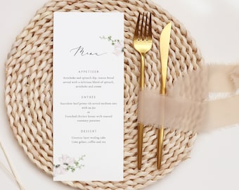 Grünes Blumen-Hochzeits-Menü-Vorlage Grünes Menü druckbares weißes Blumen-Menü bearbeitbares Abendessen-Menü bearbeitbares elegantes Blumen-Hochzeits-Menü Grace
