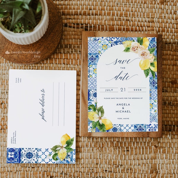 Blue tiles Arch Save the Date template lemon and  Italy Blue Tile save our date Lemon peach rose Wedding Save date Mediterranean card Mearl