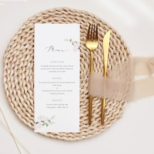 Plantilla de menú de boda floral verde Menú de vegetación Menú de flores blancas imprimible Menú de cena editable Menú de boda floral elegante editable Grace