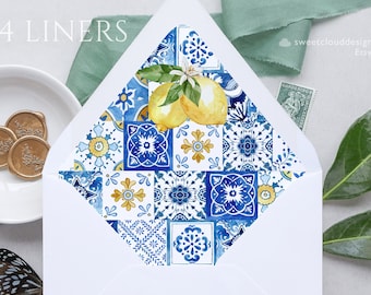 Lemon and blue tile Envelope Liner Template Mediterranean Envelope liner Italy blue tile Envelope Liner citrus Envelope,Printable liner
