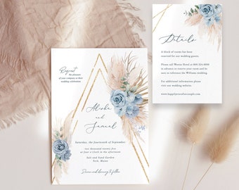 Dusty Blue Wedding Invitation Steel Blue Invitation set eucalyptus Pampas invitation Palm Leaf Invitation Bohemian blue floral wedding arch