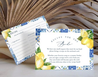 Blue tile and Lemon bridal shower Recipe request Insert Lemon and rose Floral Bring Recipe Template Bridal Shower recipe card for bride