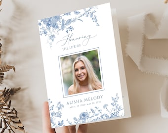 Dusty blue floral Funeral Program Booklet Blue flower Ceremony Foldable funeral Program Printable Order Of Ceremony Program funeral template