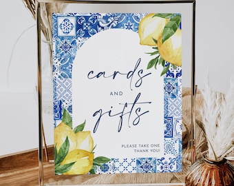 Blue tile and Lemon cards and Gifts table Sign Arch Blue tile and lemon custom sign 8x10 A4 Template sign Mediterranean Printable MEARLA