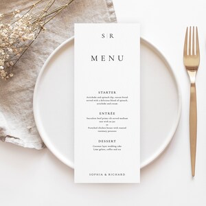 May include: A minimalist wedding menu card with the names Sophia & Richard at the bottom. The menu includes starter, entree, and dessert options.