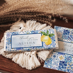 Blue tile Chocolate Bar Wrapper template Lemon Aldi 40g Hershey 1.55oz Bridal shower thank you Italy blue tile favour Gift Chocolate Edit