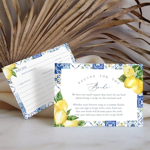 Blaue Fliese und Zitrone Brautparty Rezeptanfrage Insert Zitrone und Rose Floral Bringen Sie Rezeptvorlage Brautpartyrezeptkarte für Braut