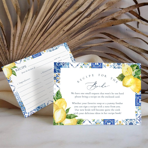 Blue tile and Lemon bridal shower Recipe request Insert Lemon and rose Floral Bring Recipe Template Bridal Shower recipe card for bride