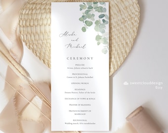 Soft Greenery Wedding Program Template Printable Eucalyptus Editable Wedding Ceremony green garden Wedding program Gloria